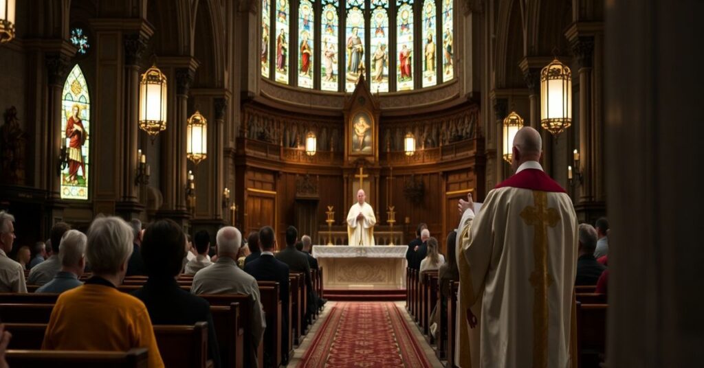 Tradycyjna Msza Święta w rzymskim obrządku trydenckim w katolickim kościele. Kapłan w ornatyce sprawuje nabożeństwo podczas którego wierni klękają przed ołtarzem. Scena ukazuje sakralną uroczystość i boską obecność.