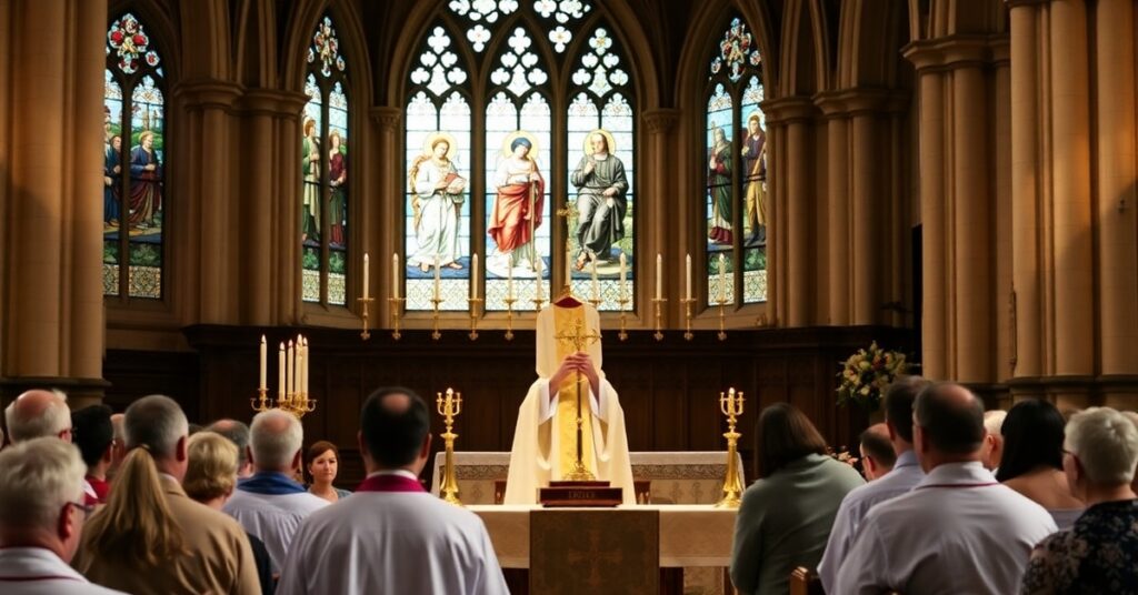 Tradycyjny katolicki ołtarz z księży w szatach liturgicznych podczas Mszy Świętej w gotyckim kościele