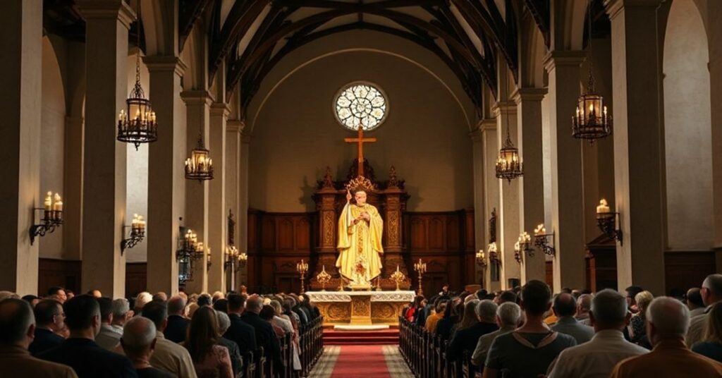 Solemne wnętrze tradycyjnego kościoła katolickiego podczas Mszy Świętej z kapłanem celebrującym na ołtarzu.