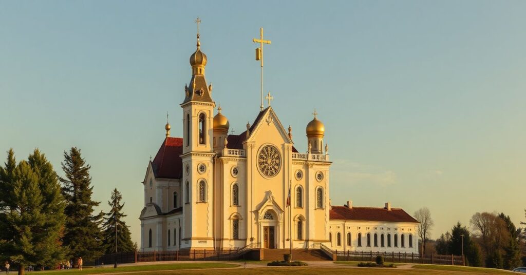 Stary katolicki kościół z modlącym się księdzem i wiernymi podczas tradycyjnej mszy