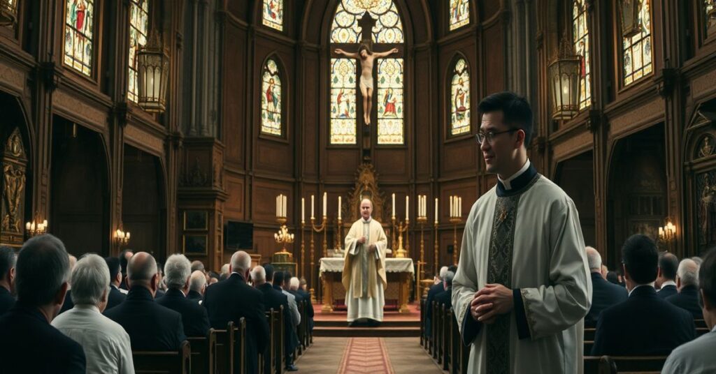 Katolicka Msza Święta w rzymskim obrządku w tradycyjnym kościele z kapłanem i wiernymi modlącymi się w głębokiej pobożności.