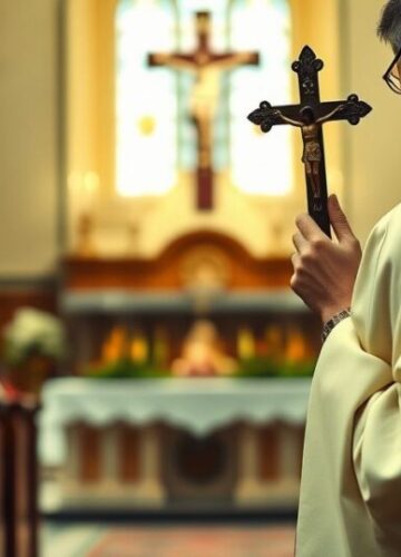 Katolicka Msza Święta w tradycyjnej świątyni Realistyczne zdjęcie katolickiego kapłana odprawiającego Mszę świętą w tradycyjnej świątyni, z powagą i szacunkiem, ukazujące duchową głębię i wierność katolickiej tradycji.