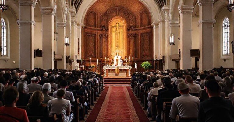 Tradycyjna katolicka msza w kościele z zakrystią i księdzem celebransem otoczonym modlącymi się wiernymi. Scena podkreśla sakralność liturgii z bogatymi szatami liturgicznymi, kadzidłem i świetliskami świec.