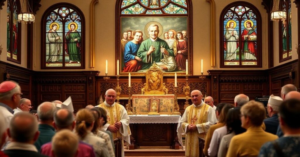 Uroczysta msza katolicka w tradycyjnym kościele z przedstawieniem dziewięciu salezjańskich męczenników w klasycznym stylu.