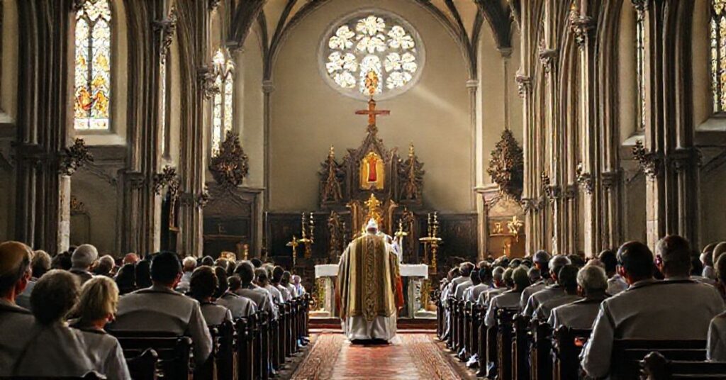 Uroczysta msza w tradycyjnym kościele polskim z biskupem podnoszącym Hostię otoczonego wiernymi.