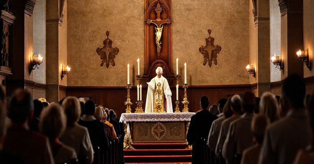 Tradycyjna katolicka msza trydencka w kaplicy z nabożnymi wiernymi modlącymi się w głębokim pokucie i wdzięczności za prawdziwą Ofiarę Chrystusa.