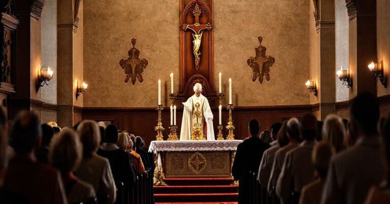 Tradycyjna katolicka msza trydencka w kaplicy z nabożnymi wiernymi modlącymi się w głębokim pokucie i wdzięczności za prawdziwą Ofiarę Chrystusa.