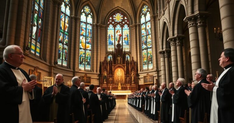 Zdjęcie realistycznego katolickiego kapłana odprawiającego tradycyjną Mszę w zabytkowym kościele, odzwierciedlające wierność tradycjom i duchową głębię