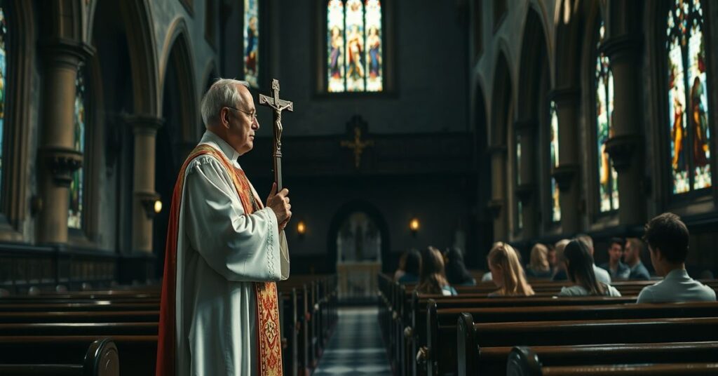 Tradycyjny katolicki ksiądz w szatach liturgicznych trzymający krzyż w starej kaplicy z witrażami i smutnymi młodymi ludźmi.
