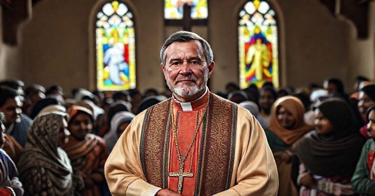 Ksiądz katolicki w tradycyjnych szatach kapłańskich wspiera migrantów przed kościołem, symbolizując katolicką naukę o miłości bliźniego