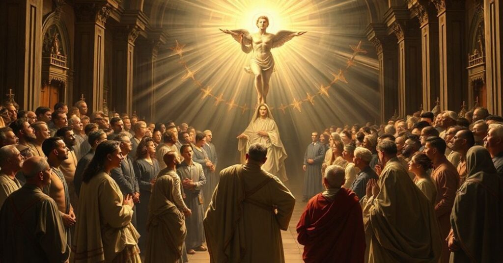 Solemne przedstawienie Ojca Świeckiego Sądowego z duszami adorującymi Boga w niebie, w tradycyjnym katolickim stylu.