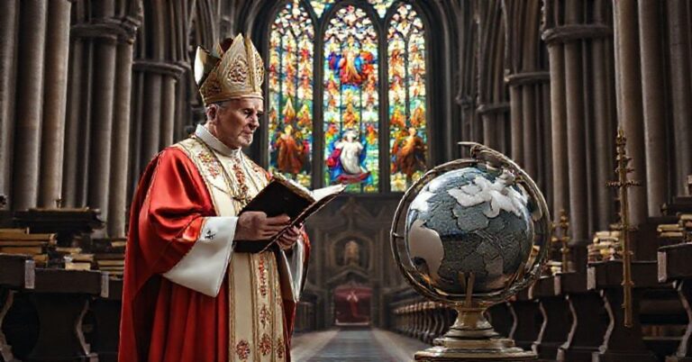 Solemny widok katolickiego biskupa w katedrze z encykliką Piusa XI, wyrażający sprzeciw wobec nowoczesnego pacyfizmu i rewizji nauki o pokoju.