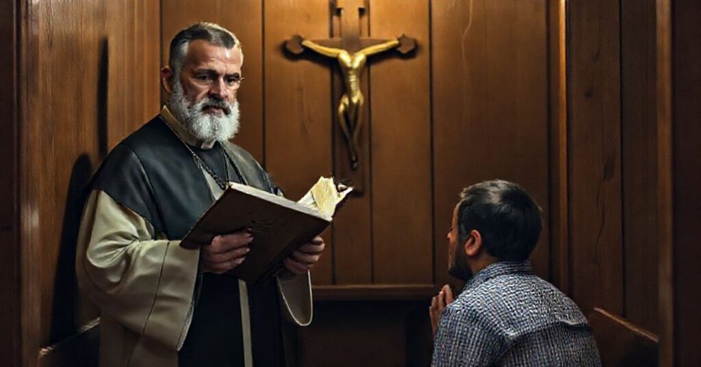 Ks. Nikos Skuras w tradycyjnym konfesjonału omawiaąc z wiernym konieczność pokuty i sakramentłów w katolickim nauczaniu.