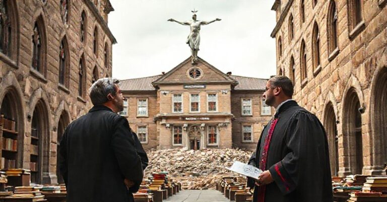 Tradycyjny katolicki kampus uniwersytecki z naukowcami na pierwszym planie i budynkiem Gender Studies w tle