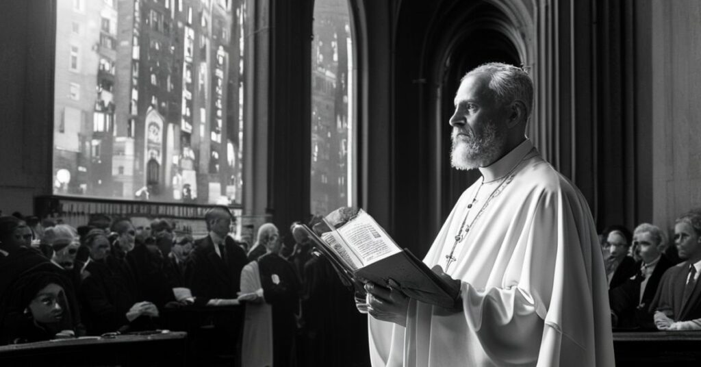 Ksiądz katolicki trzymający encykliki społeczne przed obrazem nierówności w USA