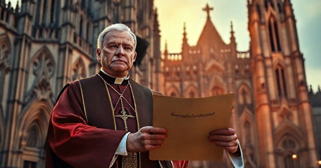 Katolicki duchowny w tradycyjnych szatach stoi przed katedrą, trzymając zwój z napisem 'Regulacje finansowe', symbolizując obawy Kościoła przed kryptowalutami.