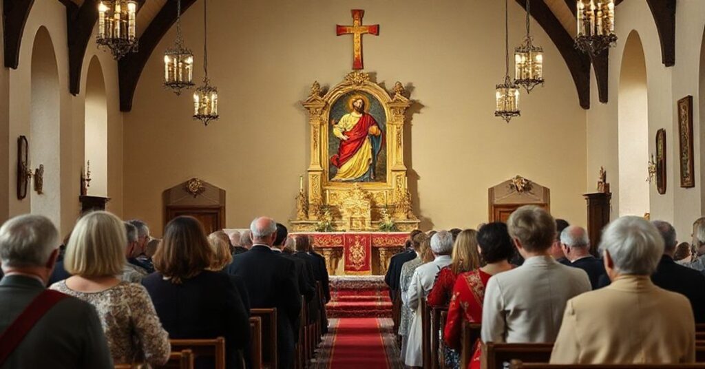 Grupa katolików modlących się w tradycyjnym polskim kościele z obrazem Chrystusa Króla na ołtarzu.