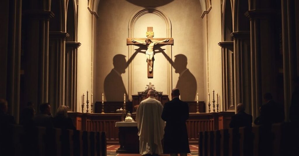 Wnętrze katedry z tradycyjnym ołtarzem katolickim i kapłanem w szatach liturgicznych modlącego się przed krzyżem. Na tle widoczne są cienie współczesnych polityków symbolizujące upadek moralny. Atmosfera powinna przypominać o potrzebie pokuty i nawrócenia.