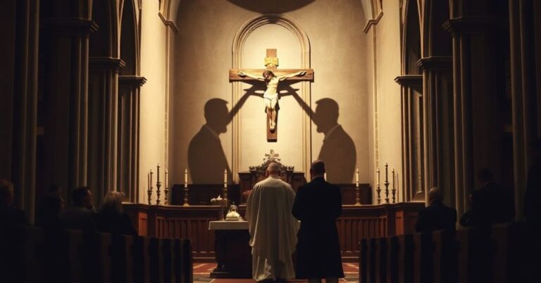 Wnętrze katedry z tradycyjnym ołtarzem katolickim i kapłanem w szatach liturgicznych modlącego się przed krzyżem. Na tle widoczne są cienie współczesnych polityków symbolizujące upadek moralny. Atmosfera powinna przypominać o potrzebie pokuty i nawrócenia.