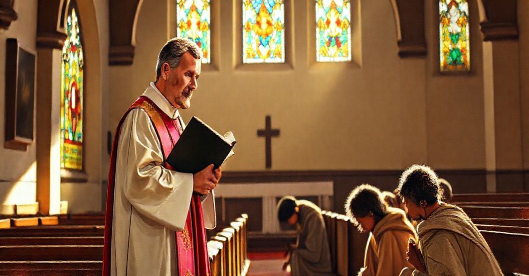 Ksiądz w tradycyjnych szatach liturgicznych stoi w parafialnym kościele, wspierając ubogą rodzinę, podkreślając duchowe i materialne wsparcie Kościoła Katolickiego.