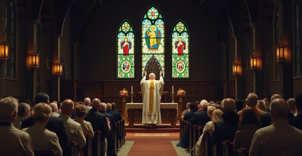 Wnętrze tradycyjnego kościoła katolickiego podczas Mszy Świętej, z klerykiem podnoszącym Hostię i wiernymi modlącymi się.