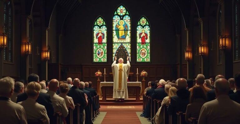 Wnętrze tradycyjnego kościoła katolickiego podczas Mszy Świętej, z klerykiem podnoszącym Hostię i wiernymi modlącymi się.