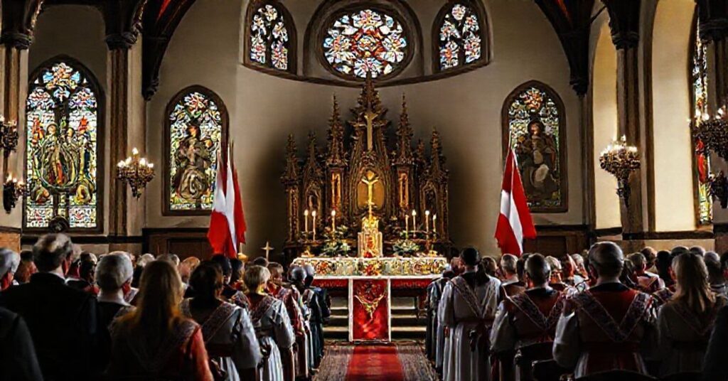 Tradycyjna katolicka uroczystość ku czci Niepodległości Polski w kościele z udziałem kapłanów w tradycyjnych szatach liturgicznych.