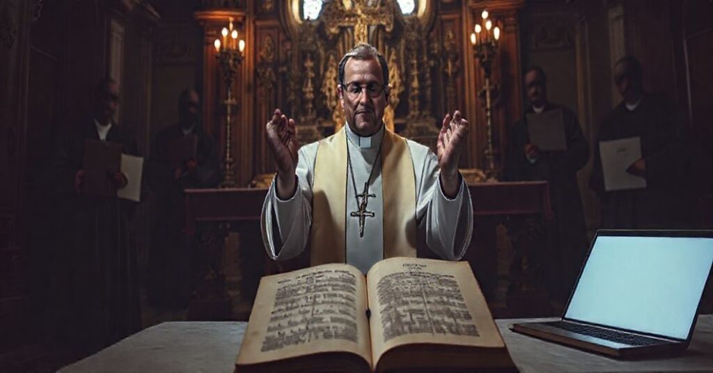 Katolicki ksiądz w kasztanie stoi przed ołtarzem, protestując przeciwko niesprawiedliwości wobec duchownych w Kościele nowoczesnym