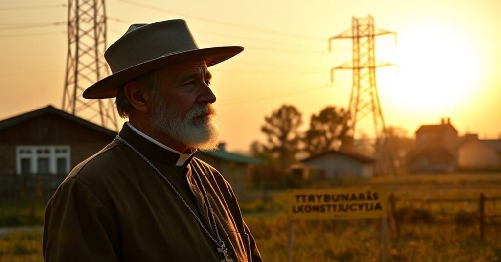 Rolnik katolicki w tradycyjnym stroju stoi przed swoim gospodarstwem, patrzył na słup energetyczny postawiony bez jego zgody.