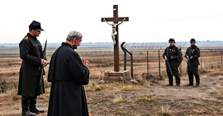 Księż w sutannie modli się przed krzyżem przy granicy polsko-białoruskiej, z granicznikami w tłku.