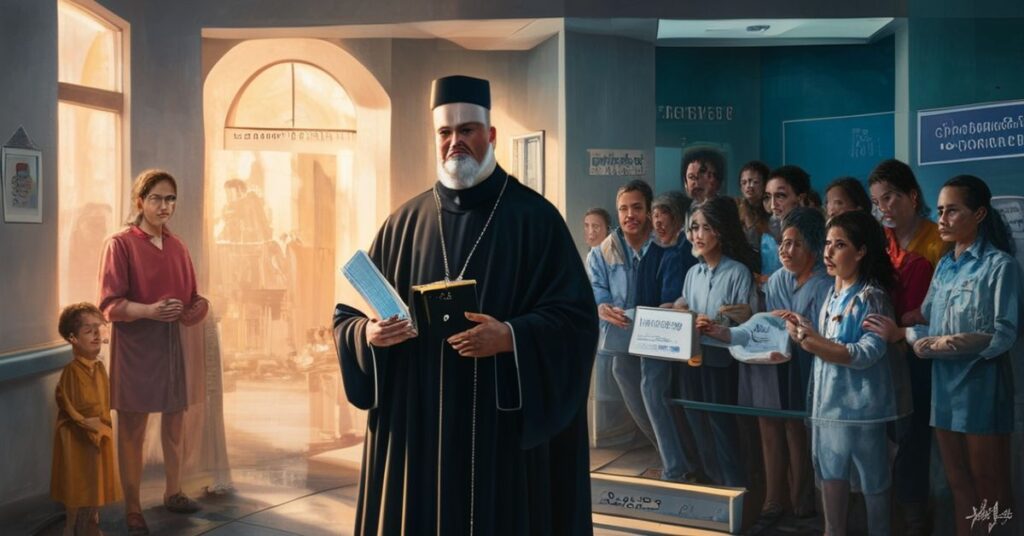 Ksiądz w tradycyjnym stroju kościelnym chroni dzieci przed ideologią gender w szpitalu medycyny.