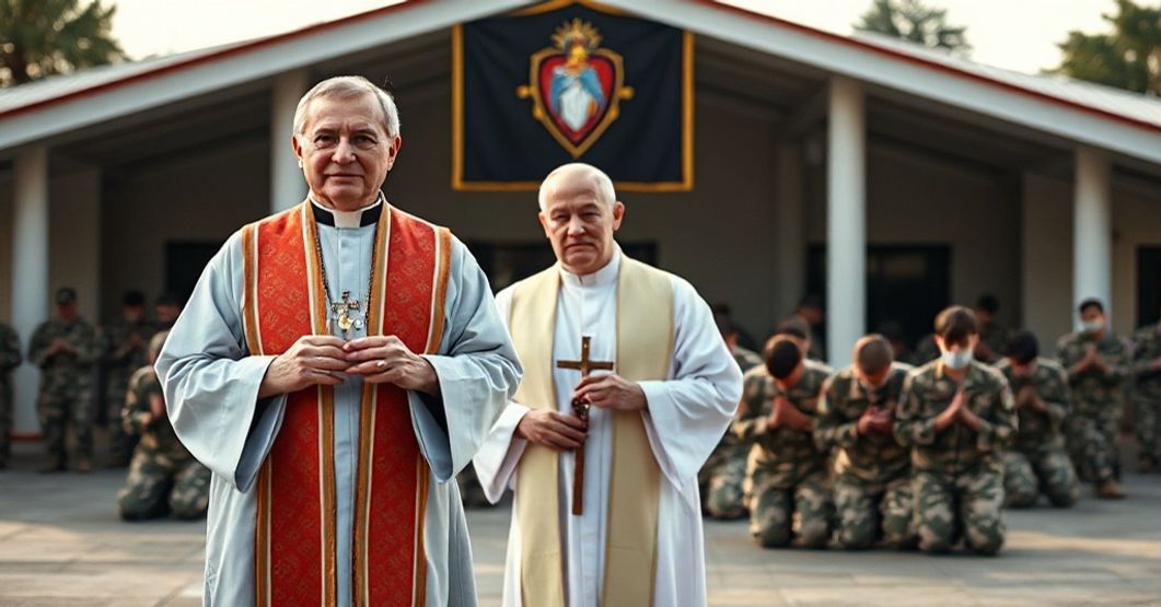 Kapelan katolicki w tradycyjnych szatach modlimeją się przed obozem wojskowym z krzyżem i rozaniczką. Scena podkreśla duchowe przygotowanie jako podstawę prawdziwej obronności.
