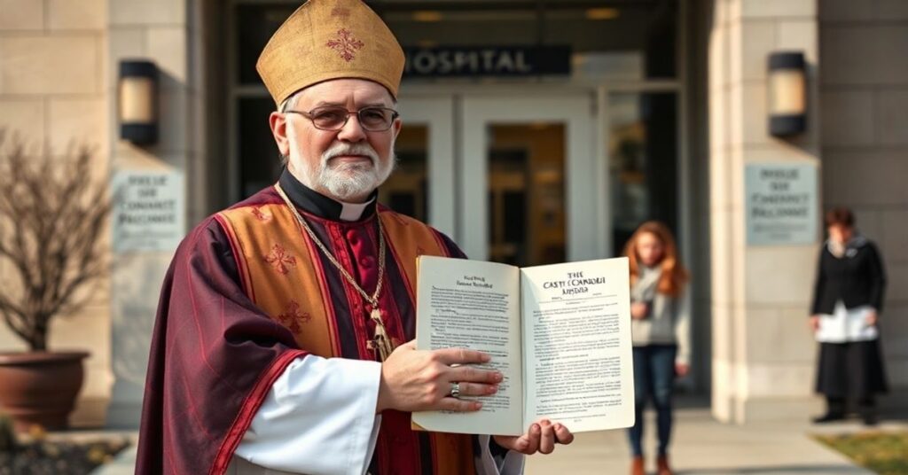 Biskup katolicki trzymający 'Casti Connubii' przed szpitalem w Wisconsin, symbolizujący obronę prawa naturalnego przed ideologią gender