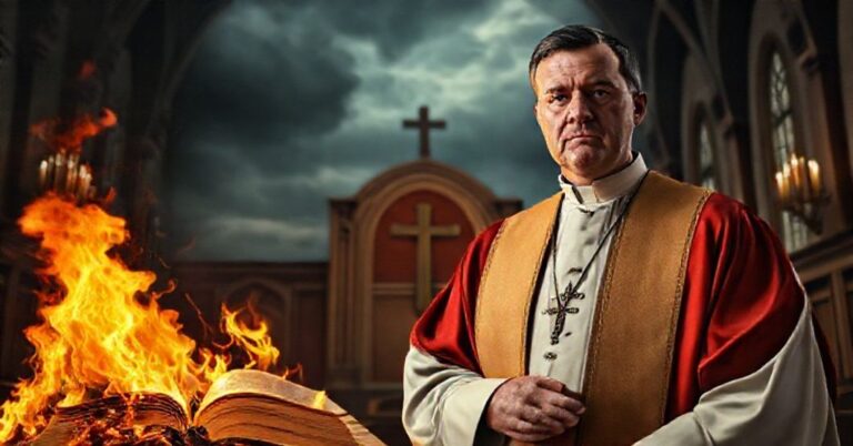 Sobór katolicki w tradycyjnych szatach liturgicznych stoi przed palącą się książką symbolizującą herezję reformacji