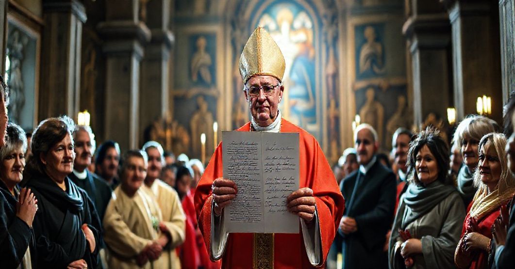 Katedra z biskupem w tradycyjnych szatach liturgicznych i wiernymi, odrzucającymi Konwencję Stambulską, symbolizującą obronę porządku Bożego.