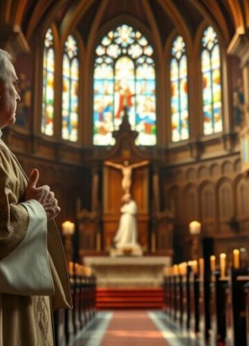 Katolicka scena obrony życia i moralności wobec kontrowersji Szczera, religijna scena w katolickim kościele z kapłanem, symbolizująca obronę życia i moralną odwagę wobec kontrowersji