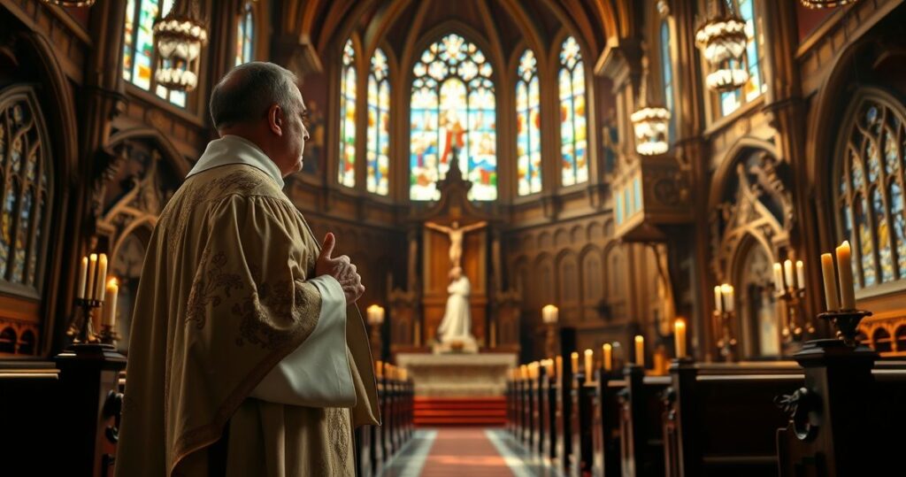 Szczera, religijna scena w katolickim kościele z kapłanem, symbolizująca obronę życia i moralną odwagę wobec kontrowersji
