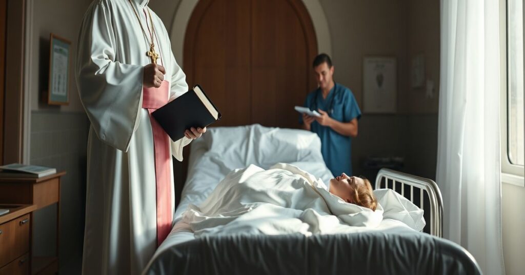 Księż katolicki w tradycyjnych szatach kaplańskich stojący przy łżozie szpitalnym z pacjentem pod białym arkuszem, podczas gdy lekarze omawiają rodzaj pobierania organów. Księż trzyma krzyż i Biblię symbolizujące świętość życia i moralny obowiązek jego ochrony.