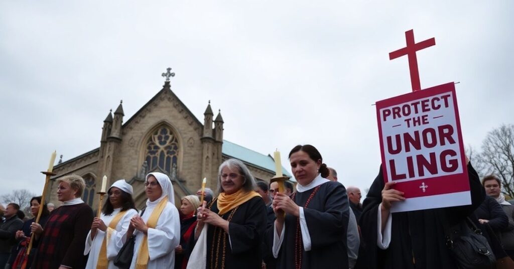 Katakumby z grupą wiernych modlących się różańcem w tradycyjnym kościele