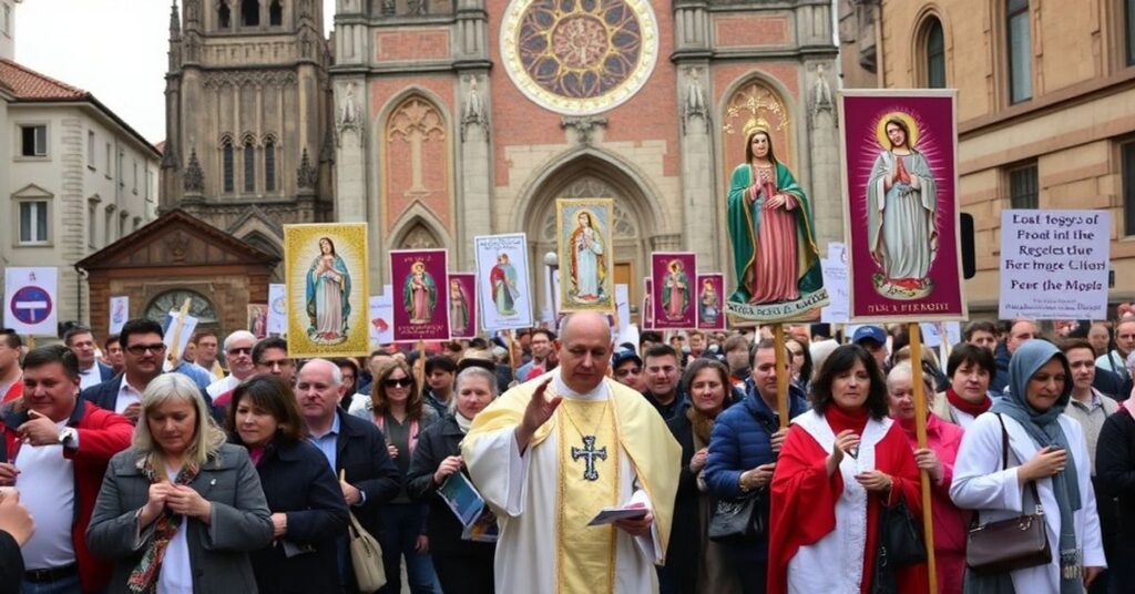 Procesja katolicka w obronie życia z udziałem wiernych z modlitewnikami i sztandarami religijnymi