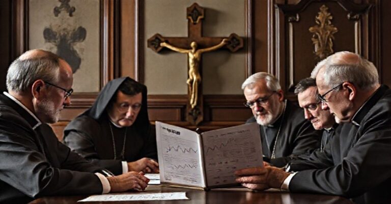 Obraz przedstawiający katolicką perspektywę na spadek inwestycji zagranicznych w Polsce, z akcentem na moralne i doktrynalne aspekty gospodarki.