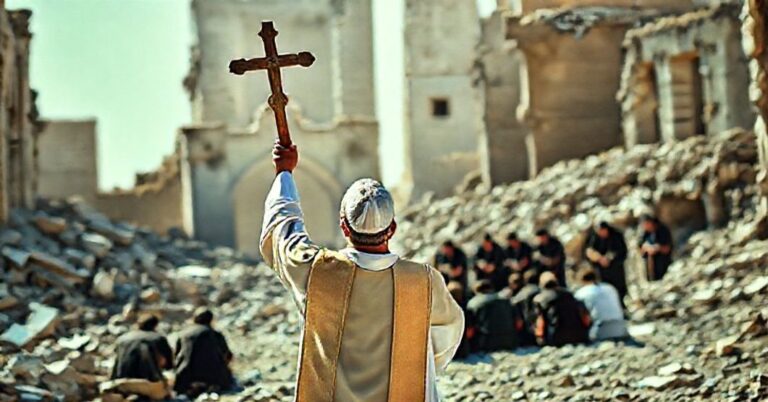 Ksiądz w tradycyjnym ornaty stoi w ruinach Gazy z podniesionym krucyfiksem, otoczony modlącymi się ludźmi.