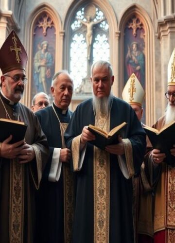 Katolicka odporność wobec modernistycznych kompromisów w debacie o sztucznej inteligencji Tradycyjni biskupi katolickie w stroju ceremonialnym z krucyfiksem i księgą nauki przed gotyckim katedrą