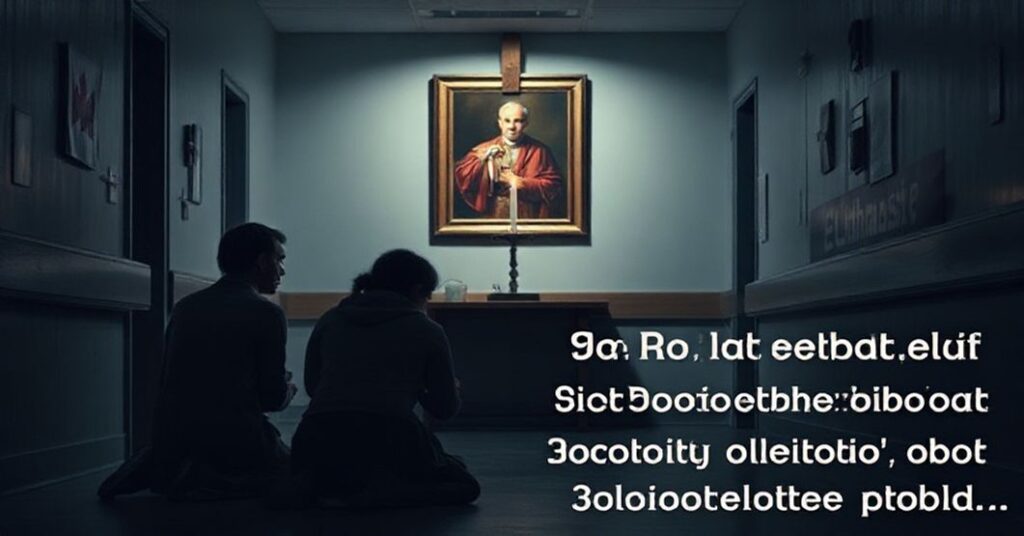 Scena katolicka ukazująca smutek nad ofiarami kanadyjskiego programu eutanazji jako owoc apostazji społecznej.