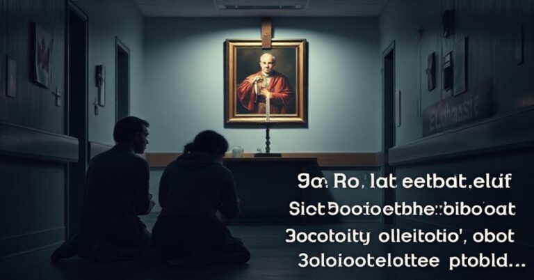 Scena katolicka ukazująca smutek nad ofiarami kanadyjskiego programu eutanazji jako owoc apostazji społecznej.