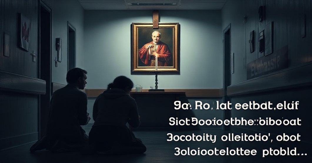 Scena katolicka ukazująca smutek nad ofiarami kanadyjskiego programu eutanazji jako owoc apostazji społecznej.