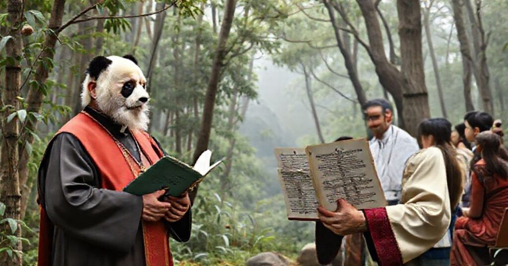 Teolog katolicki w tradycyjnym stroju w lesie chińskim przed pandą wielką, trzymając Katechizm. Na tle naukowca modernistycznego i studentów. Kontrast między stwarzaniem Bożym a nowoczesnym oszustwem.