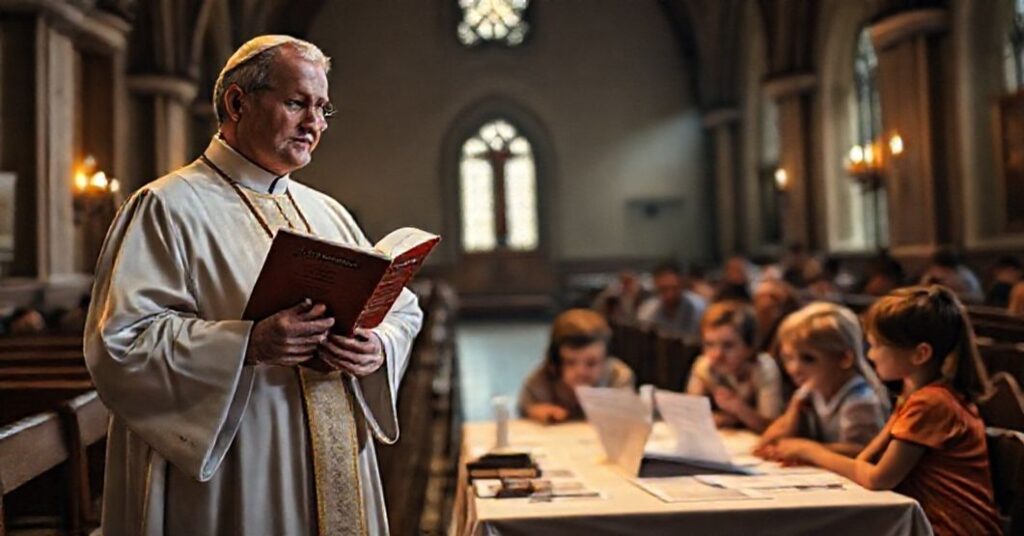 Ksiądz w tradycyjnym ornaty trzyma słynny Katechizm Kościoła Katolickiego, z tłem grupy rodziców i dzieci martwych o destrukcyjną ideologię genderową