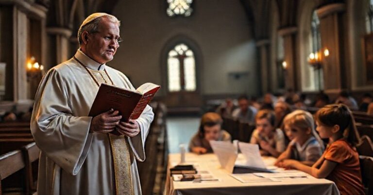 Ksiądz w tradycyjnym ornaty trzyma słynny Katechizm Kościoła Katolickiego, z tłem grupy rodziców i dzieci martwych o destrukcyjną ideologię genderową