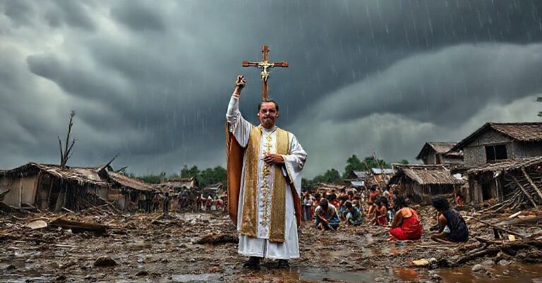 Kapelan katolicki w tradycyjnych szatach liturgicznych stoi wśród ruin powodziowych na Sumatrze, trzymając krzyż nawyższy, otoczony modlącymi się mieszkańcami.